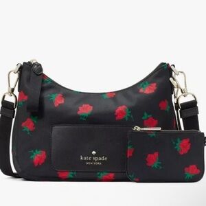 NWT Kate Spade NewYork Chelsea Black Nylon Crossbody Bag & Pouch Red Roses KE437